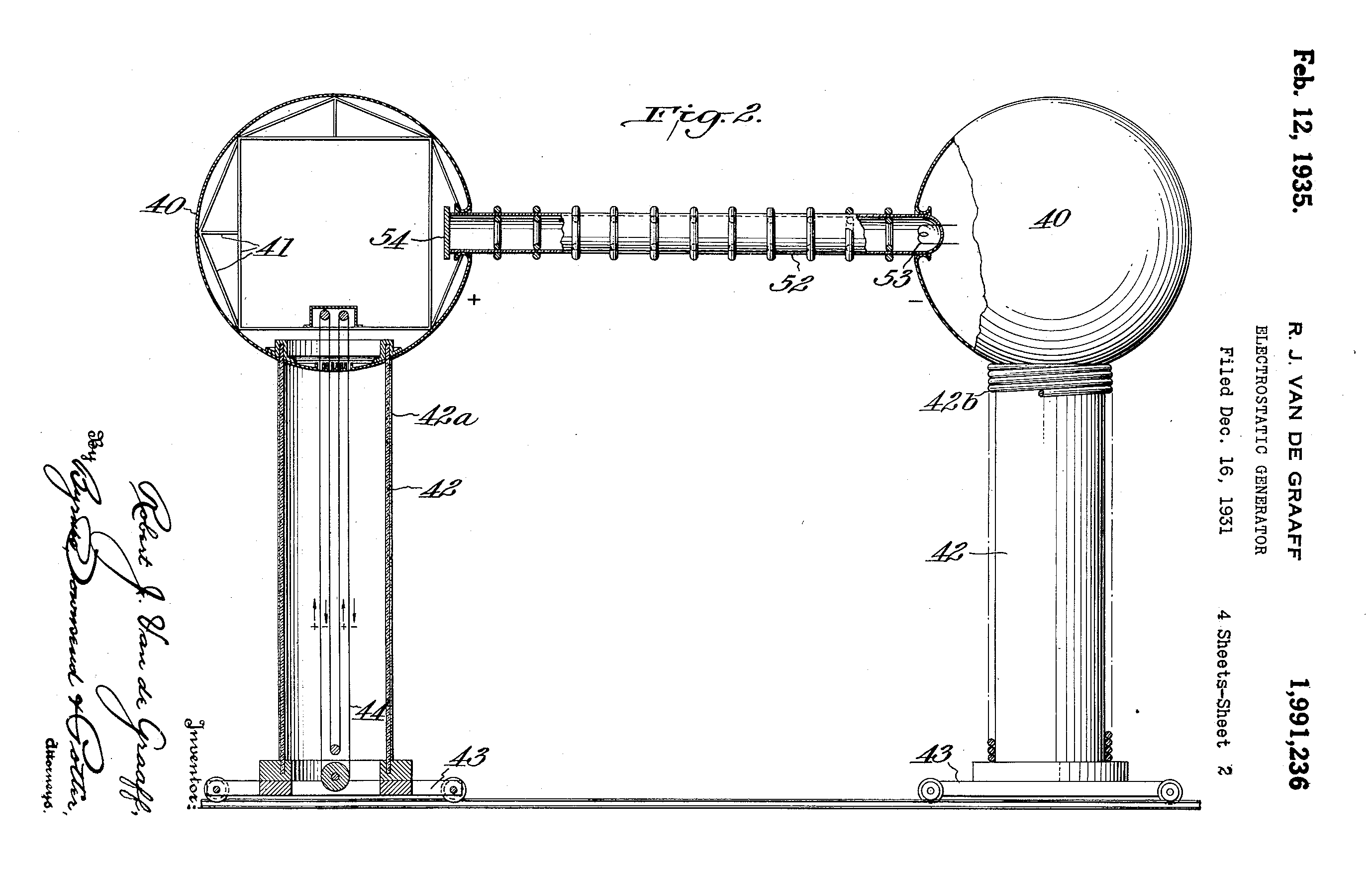 Van De Graff electrostatic generator patent US581499A from 1931